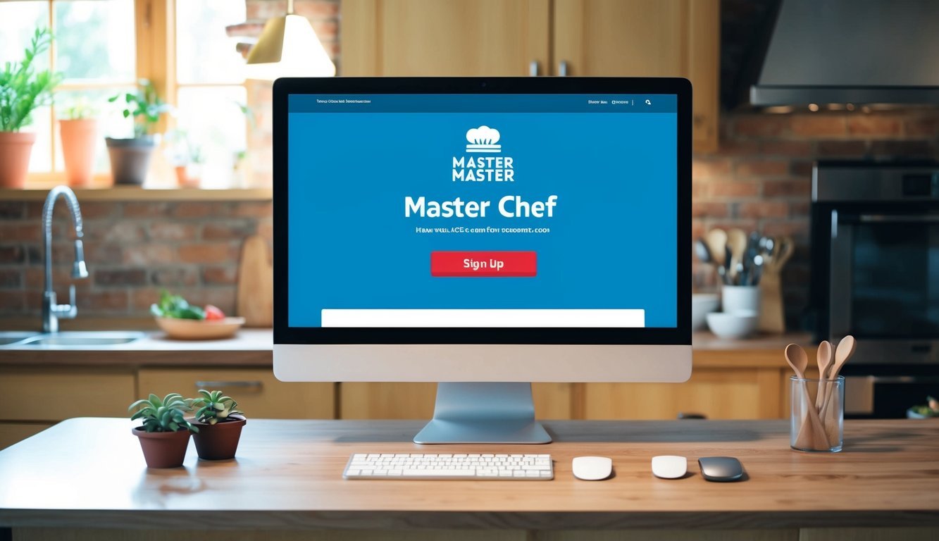 A computer screen showing a website with a "Sign Up" button for Master Chef