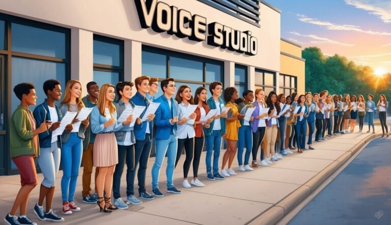A diverse group of people holding scripts outside a "Voice Studio" building
