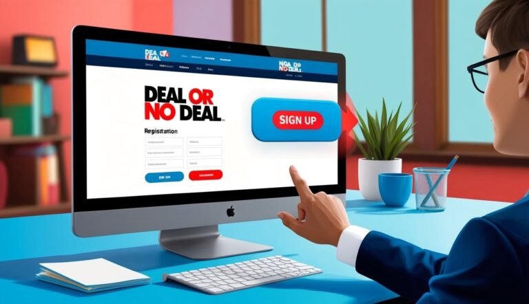 Man pointing at "Sign Up" button on a "Deal or No Deal" website