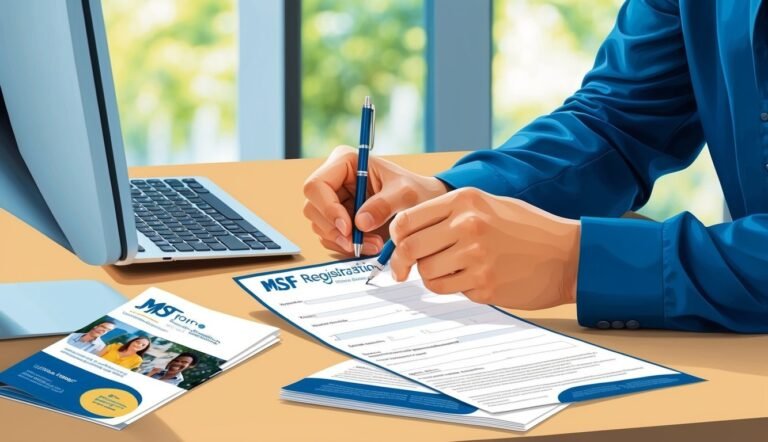 Person in blue shirt filling out MSF registration form with pen