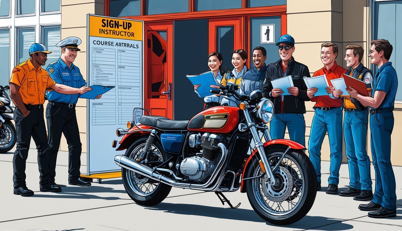 A motorcycle parked in front of a sign-up booth with an instructor handing out course materials to a group of eager students