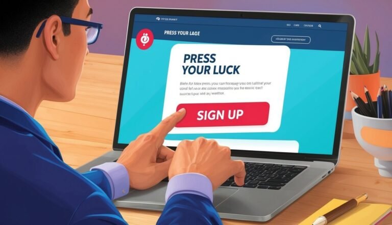 Man using laptop with "Press Your Luck" sign-up screen