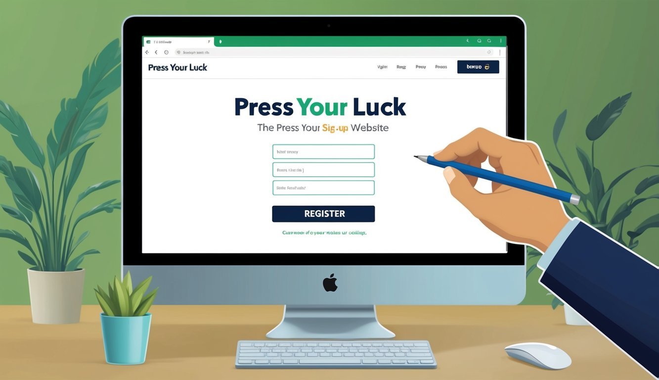 A computer screen displaying the Press Your Luck website with a sign-up form and a cursor clicking on the "Register" button