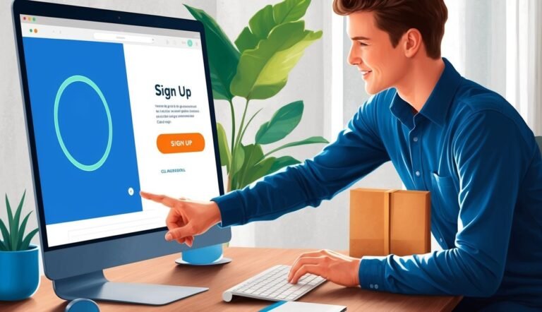 Man pointing at a "Sign Up" button on a computer screen