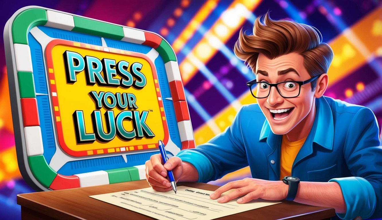 A contestant eagerly fills out a registration form for "Press Your Luck" with a pen, while a bright, colorful game board looms in the background