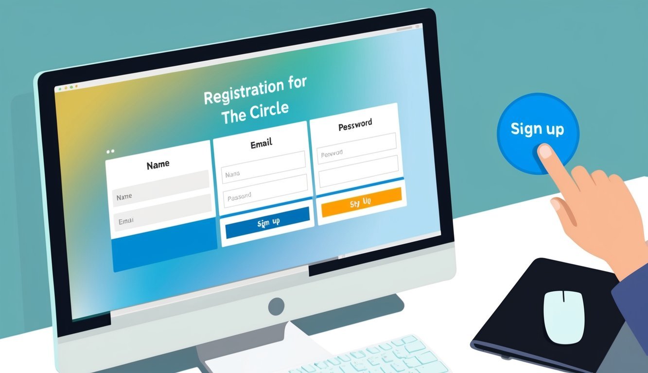 A computer screen showing a registration form for The Circle, with fields for name, email, and password.</p><p>A mouse cursor hovers over the "Sign Up" button