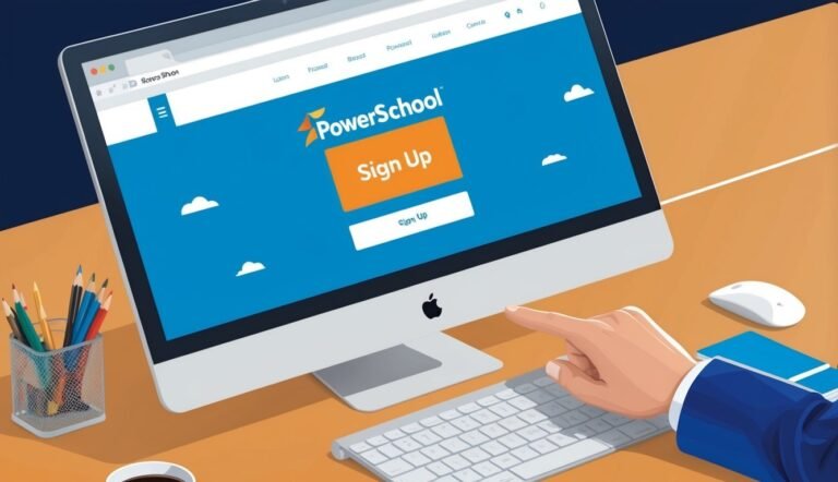 Computer screen with PowerSchool sign-up page, hand pointing to screen