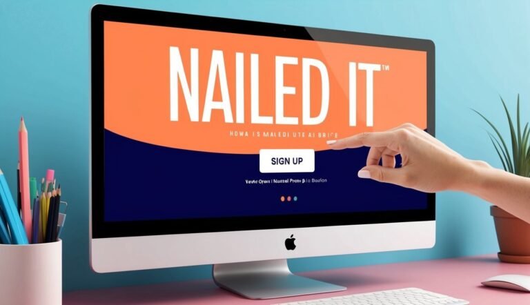 Computer screen with "NAILED IT" and a hand pointing to "SIGN UP"