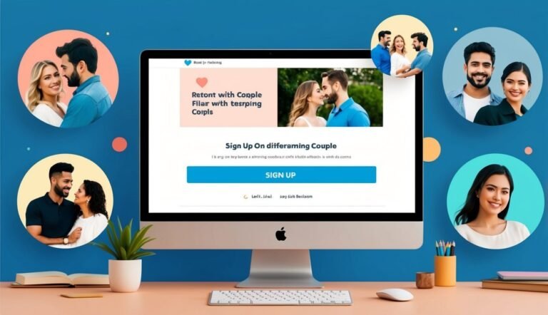 Computer screen with dating website, couples in circles, and a sign up button