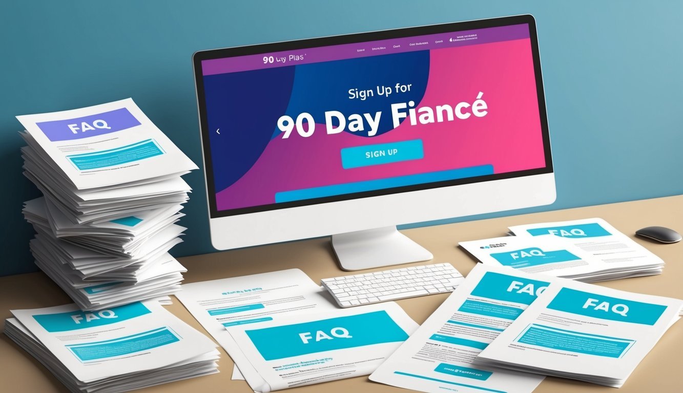 A computer screen displaying a website with a "Sign Up" button for 90 Day Fiancé, surrounded by a stack of printed FAQ documents