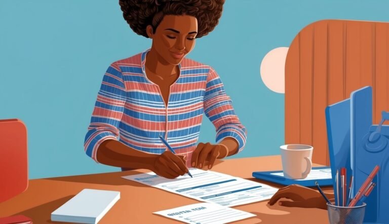 Woman in striped shirt filling out paperwork at a desk