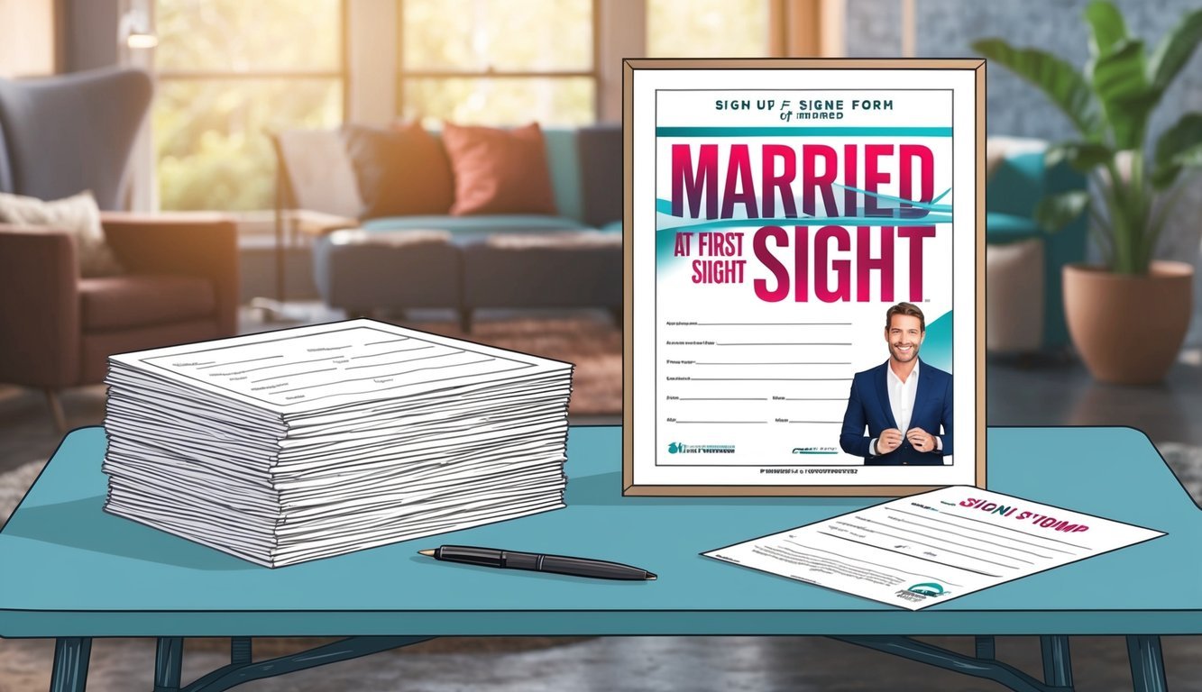 A table with a stack of sign-up forms, a pen, and a poster of the show Married at First Sight