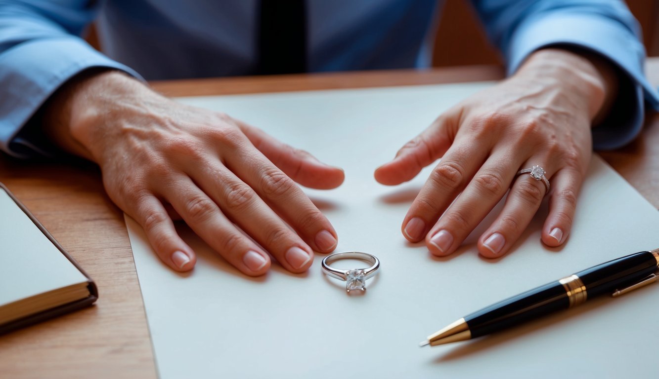 A couple's hands reaching out to each other, with a wedding ring and a pen on a table