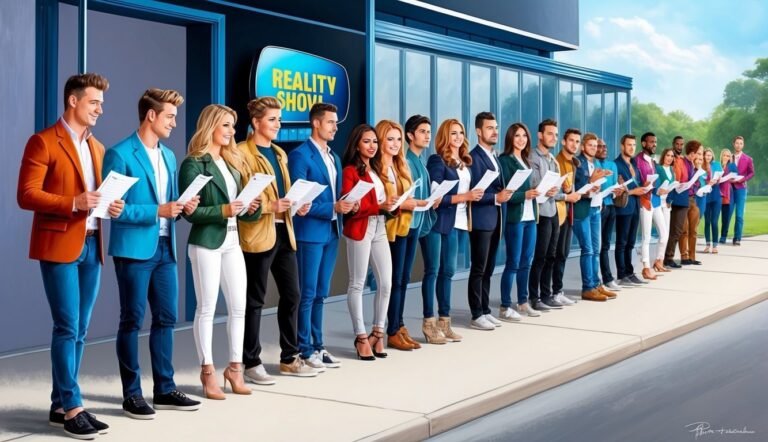 A group of people holding papers, standing in front of a "Reality Show" sign