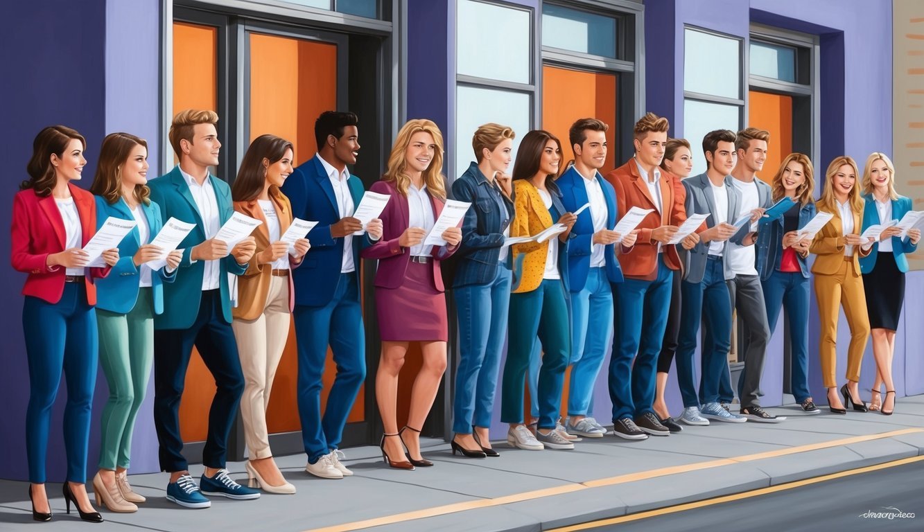 A line of hopeful contestants waits outside a TV studio, holding application forms and chatting nervously