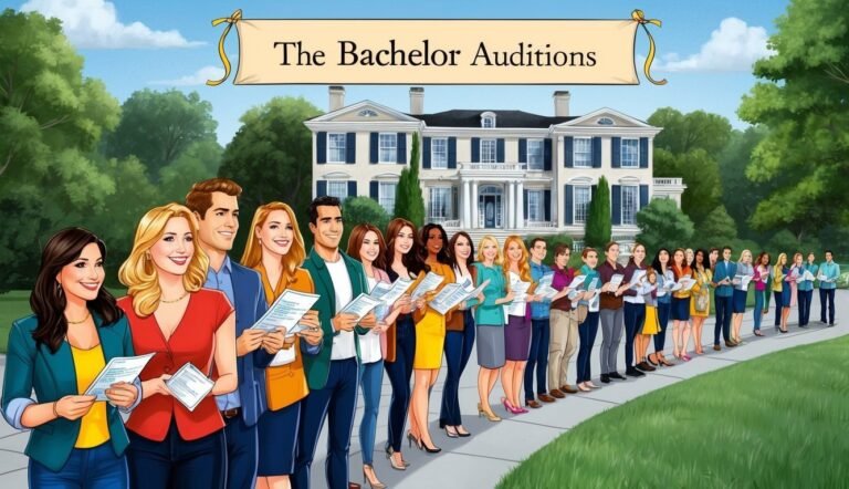 The Bachelor Auditions" sign above a line of hopeful contestants at a mansion