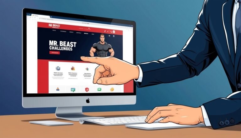 Man in suit pointing at a "Mr. Beast Challenges" website on a computer