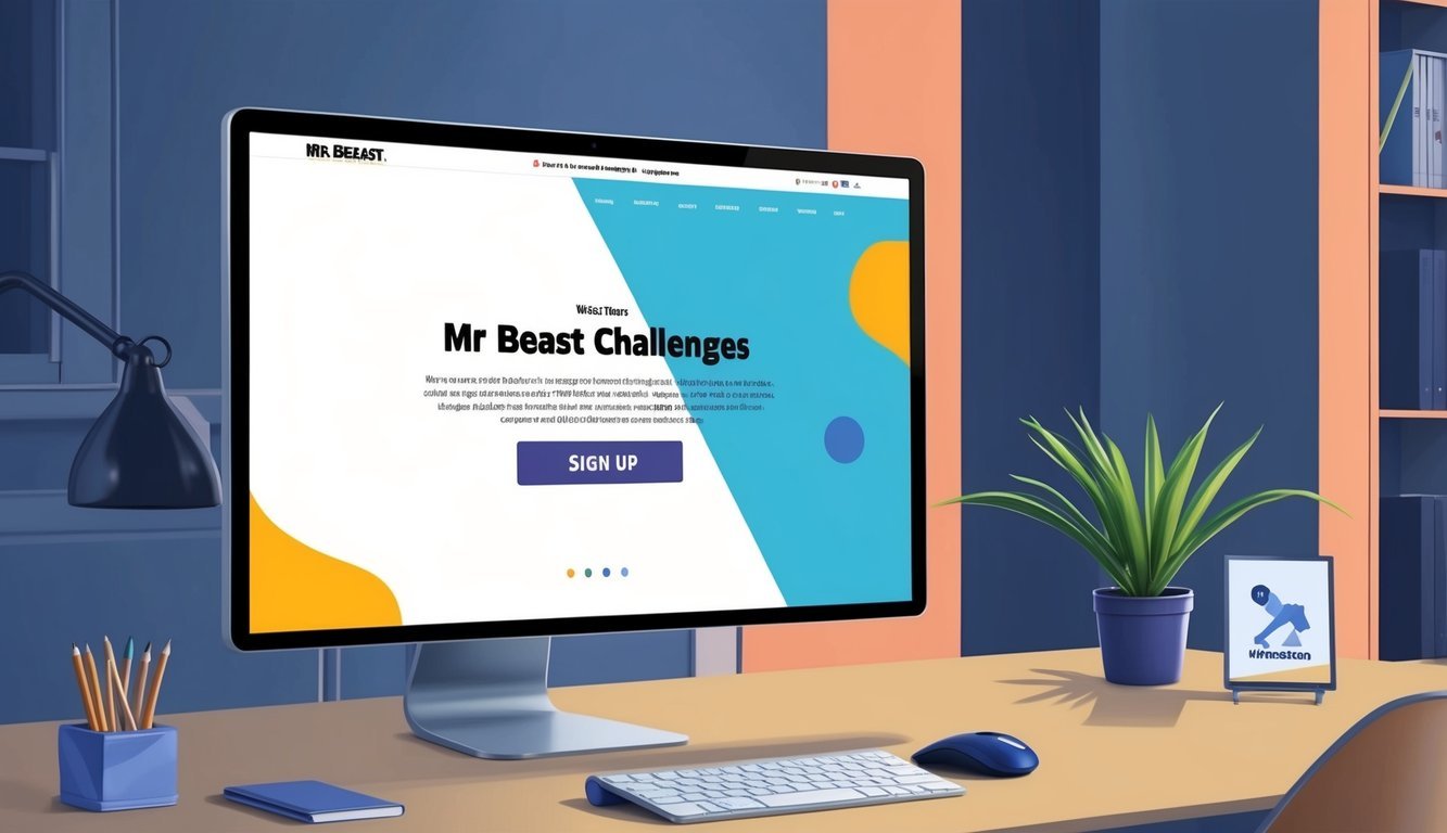 A computer screen displaying a website with a "Sign Up" button for Mr Beast Challenges