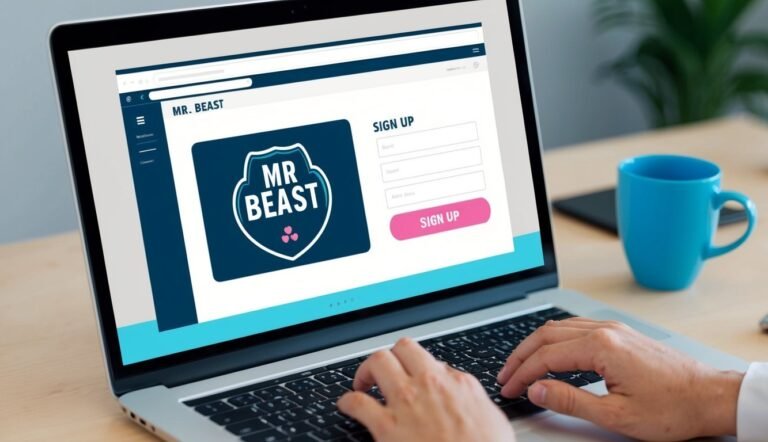 Laptop displaying Mr. Beast sign-up page, hands typing, blue mug on desk