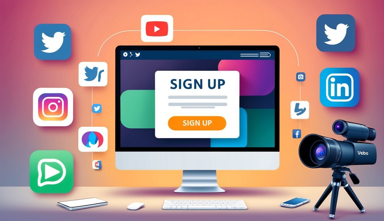 A computer screen displaying a website with a "Sign Up" button, surrounded by icons of social media platforms and a video camera