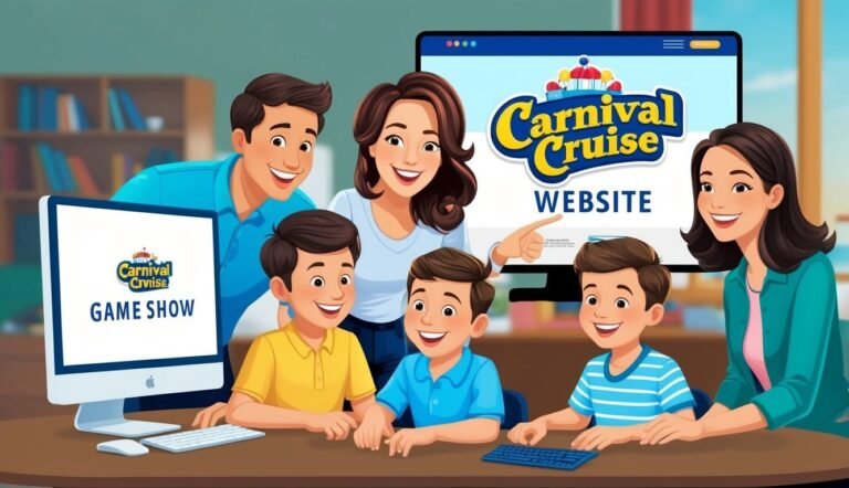 Family looking at Carnival Cruise website and game show on computers