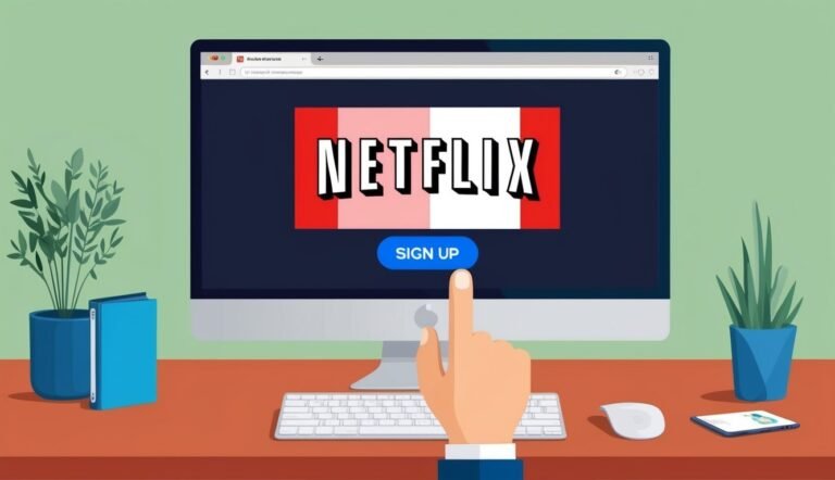 Netflix sign-up screen on a computer with a finger pointing to the button