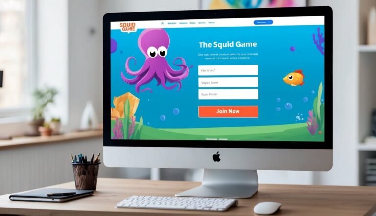 Computer monitor displaying a cartoon "Squid Game" website with an octopus and fish