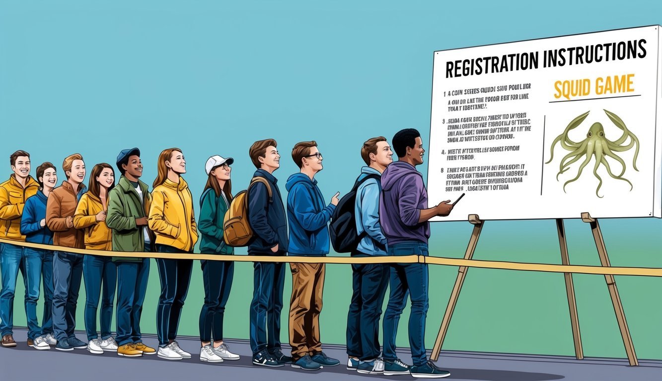 A group of people standing in line, eagerly waiting to sign up for Squid Game.</p><p>A large sign with registration instructions is prominently displayed