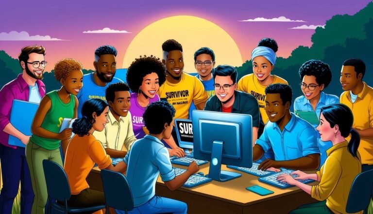 Group of diverse people working on computers at a table, sunset background