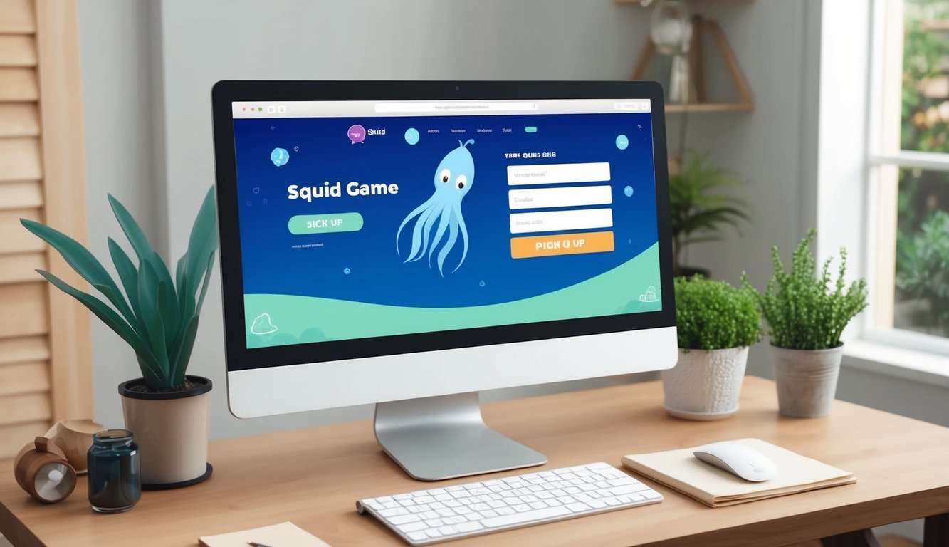 A computer screen displaying the Squid Game website with a sign-up form and a list of frequently asked questions