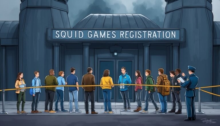 People line up for Squid Games registration at a dark building