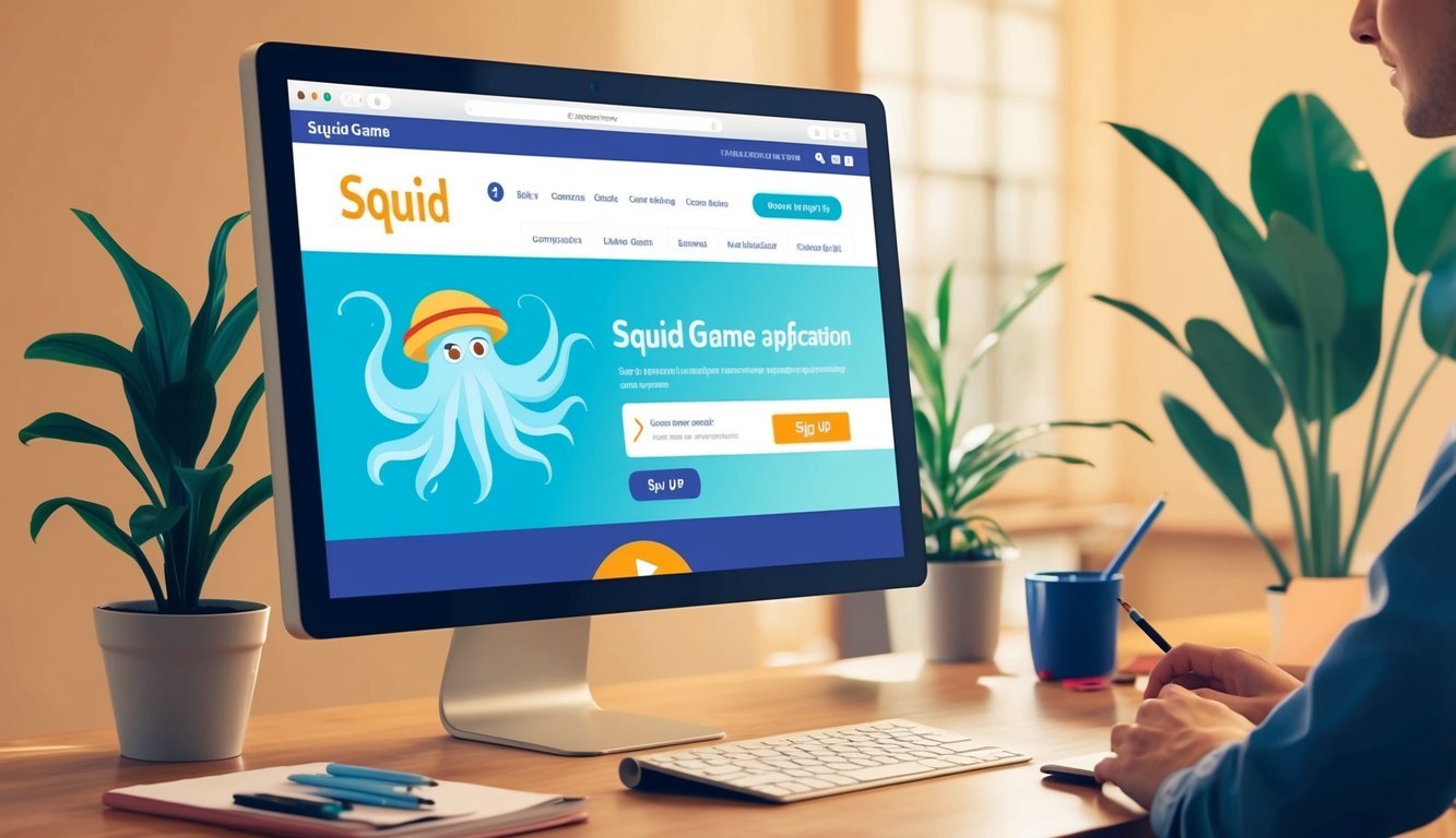 A computer screen displaying the Squid Game application homepage, with a cursor hovering over the "Sign Up" button