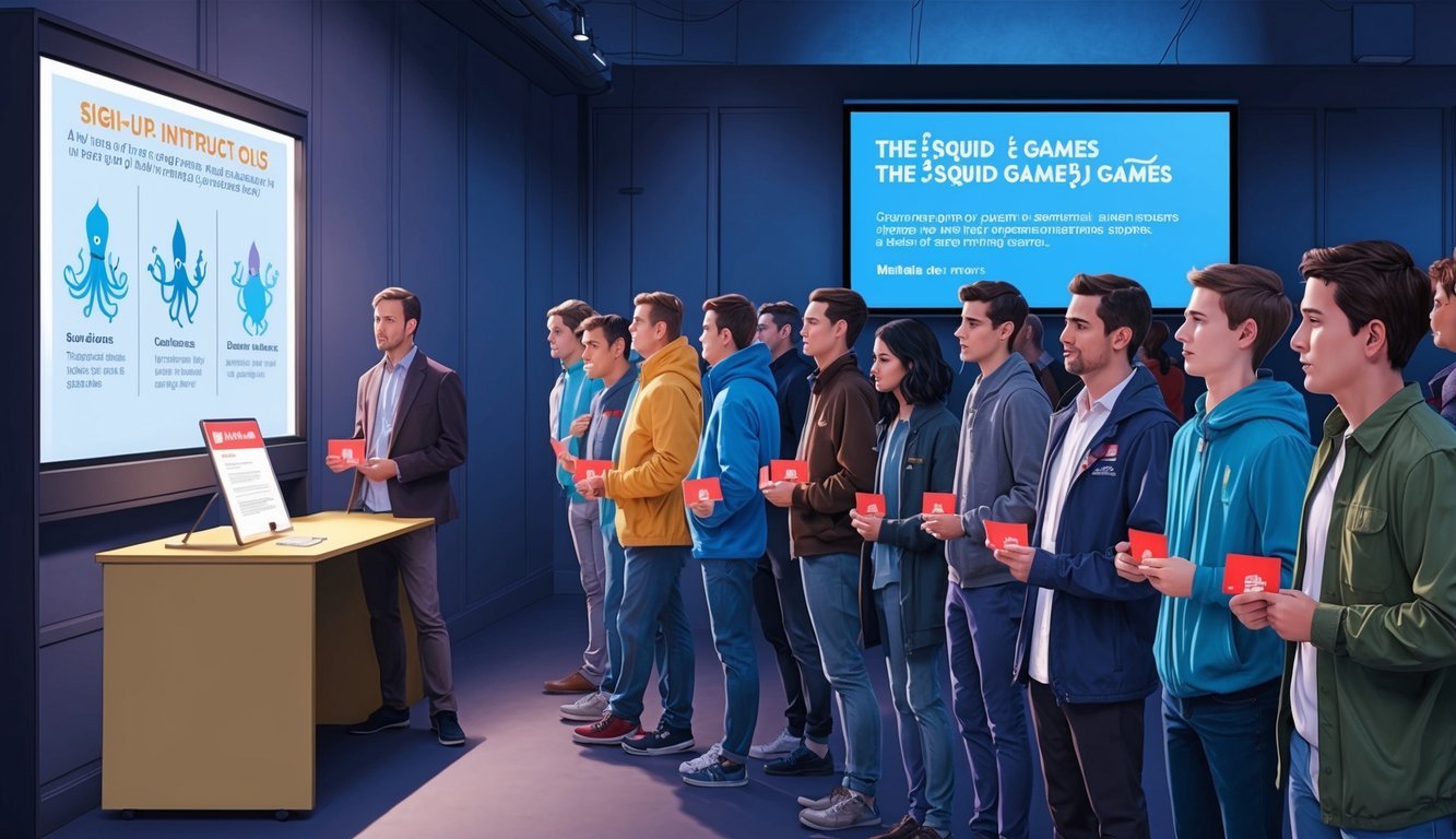 A line of people wait in a dimly lit room, each holding a red card.</p><p>A sign-up desk and large screen display the instructions for joining the Squid Games