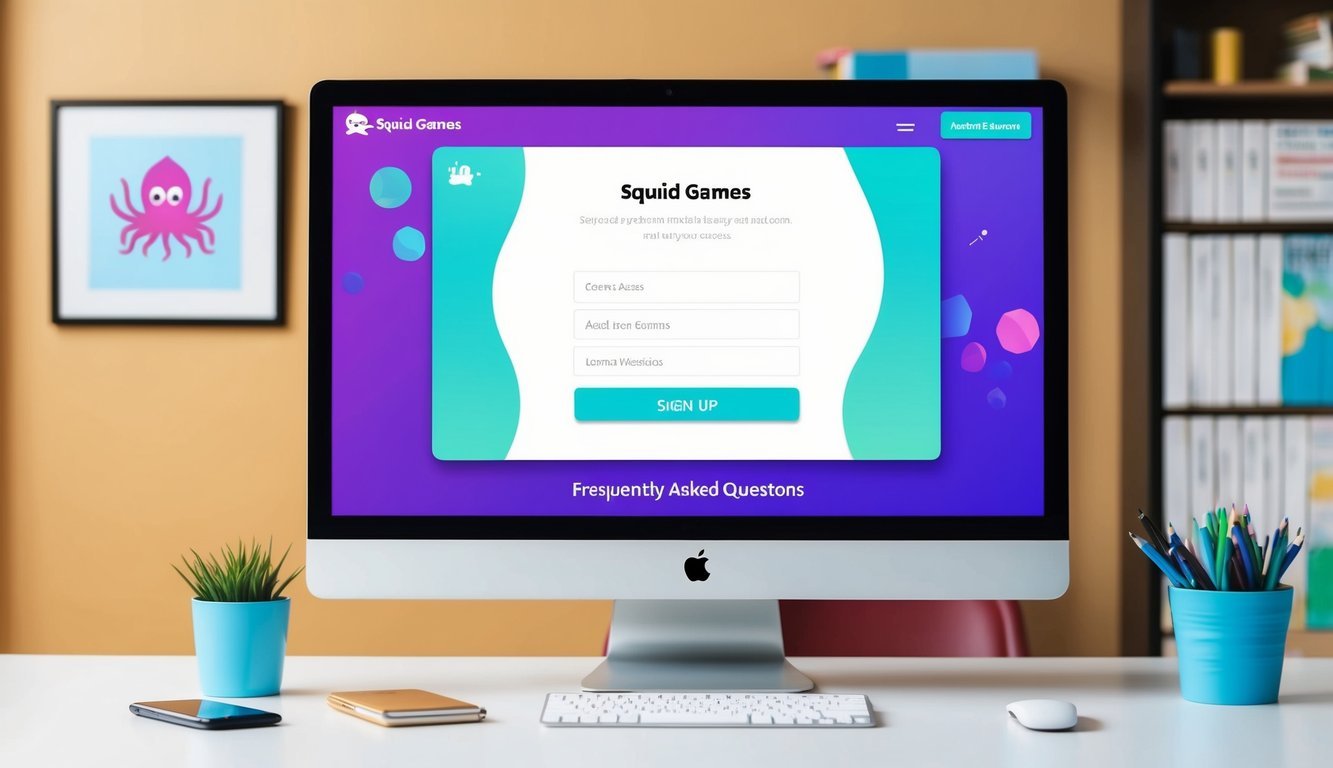 A computer screen displaying the Squid Games website with a sign-up form and a list of frequently asked questions