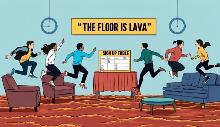 People jumping over furniture in a room, "The Floor is Lava" sign