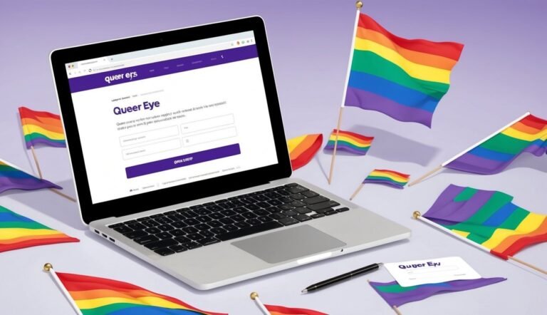 Laptop with Queer Eye website and rainbow flags scattered around