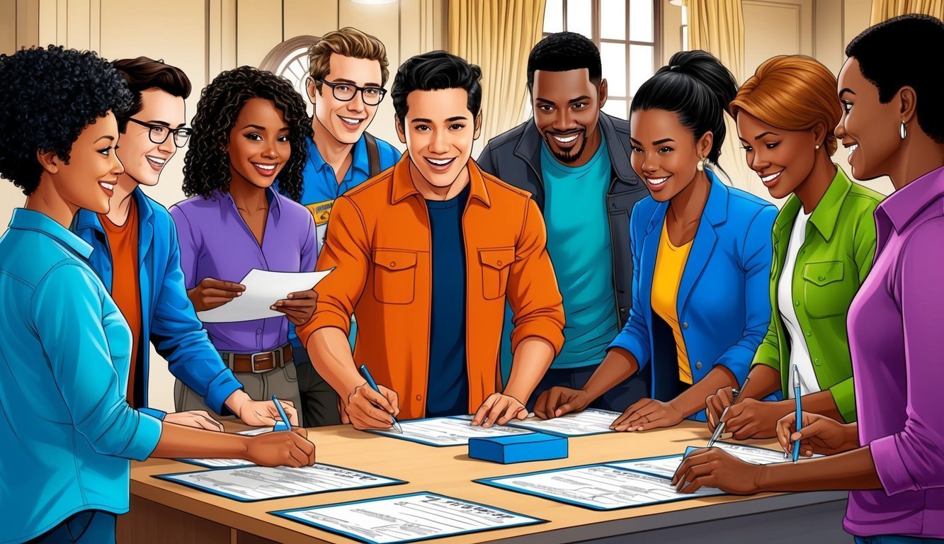 Diverse group of people signing documents around a table, smiling