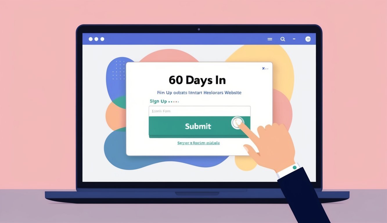 A computer screen displaying the 60 Days In website with a sign-up form and a cursor hovering over the "submit" button