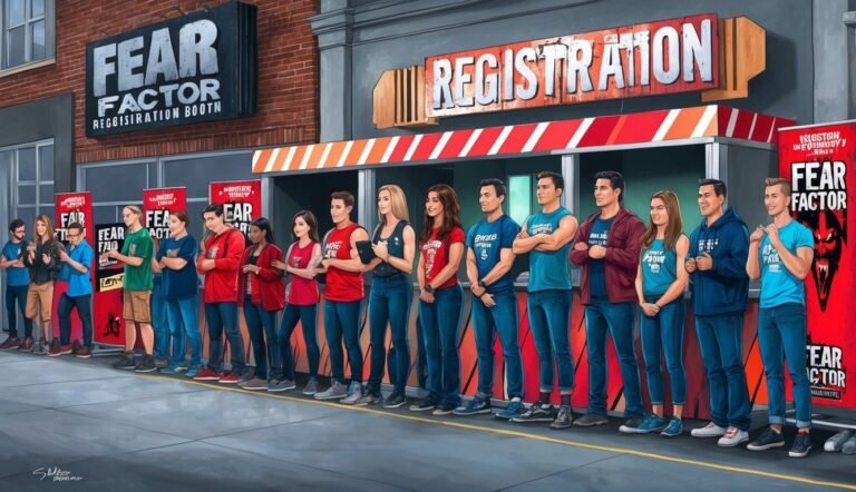 People line up at a Fear Factor registration booth, ready to compete