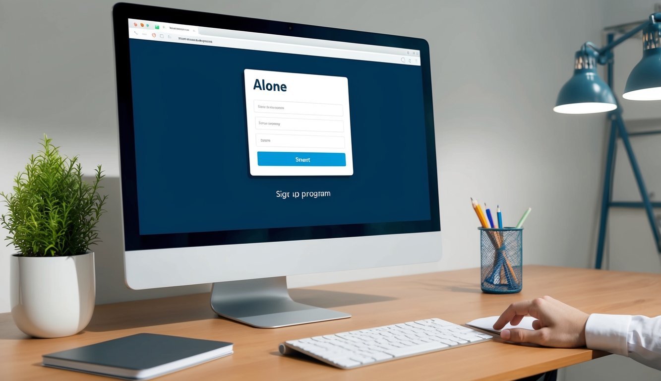 A computer screen with a sign-up form for the "Alone" program, with a cursor hovering over the submit button