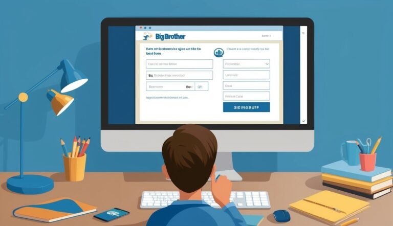Person at desk filling out a "Big Brother" online form on a computer