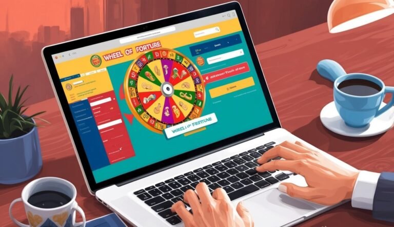 Laptop displaying "Wheel of Fortune" game, hands typing, coffee cups, and a plant
