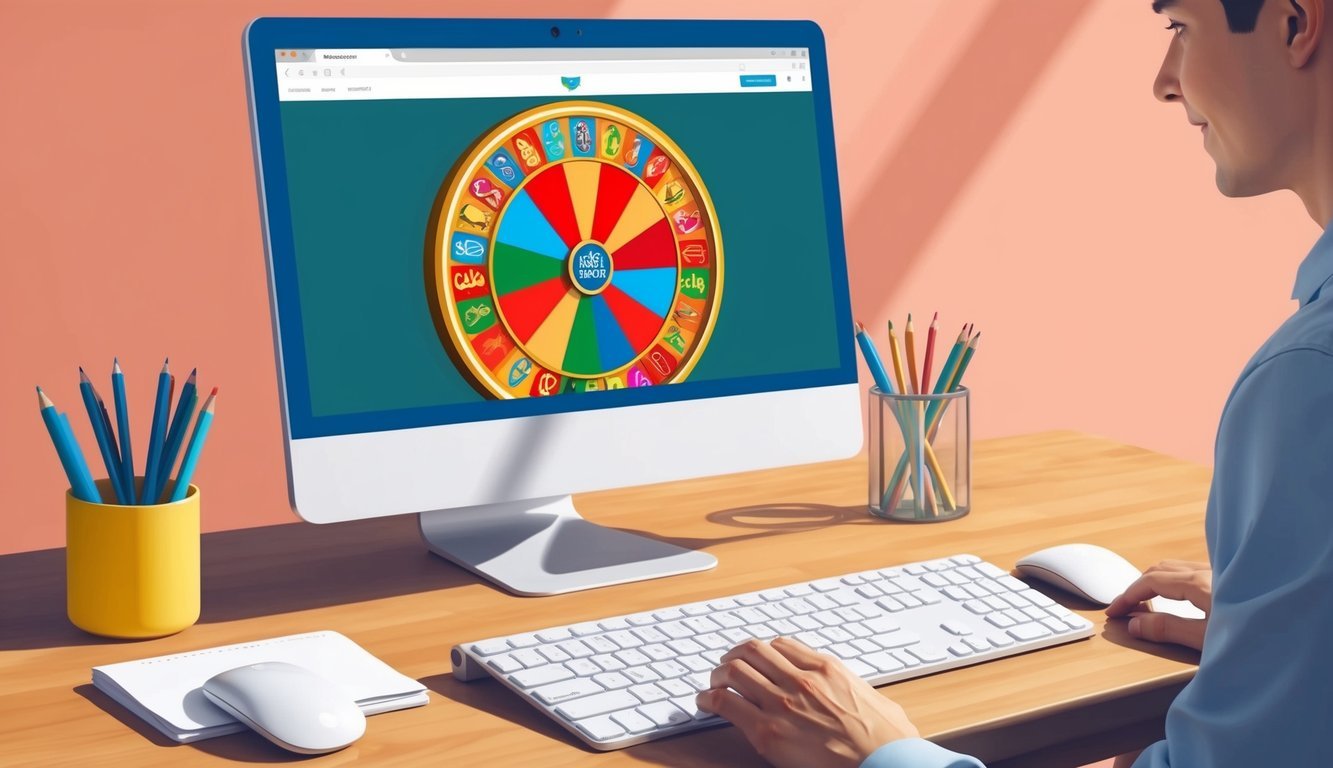 A person using a computer to sign up for the Wheel of Fortune, with a keyboard and mouse on a desk