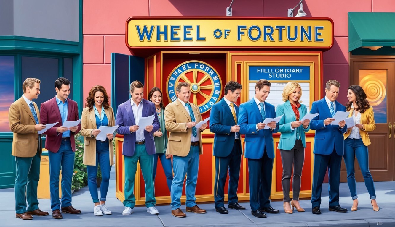 A line of hopeful contestants waits outside the Wheel of Fortune studio, filling out paperwork and chatting nervously