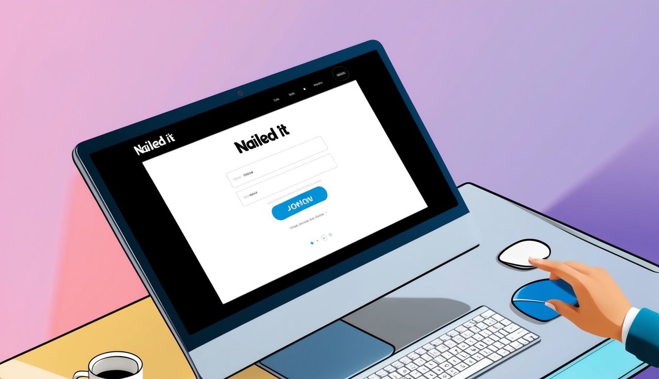 A computer screen showing the Nailed It website with a sign-up form and a cursor clicking the "Join Now" button