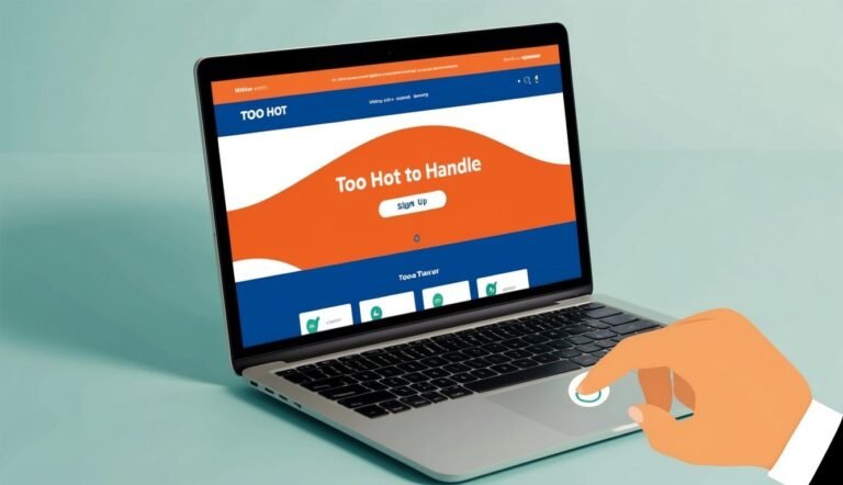 Laptop with "Too Hot to Handle" website, hand touching trackpad