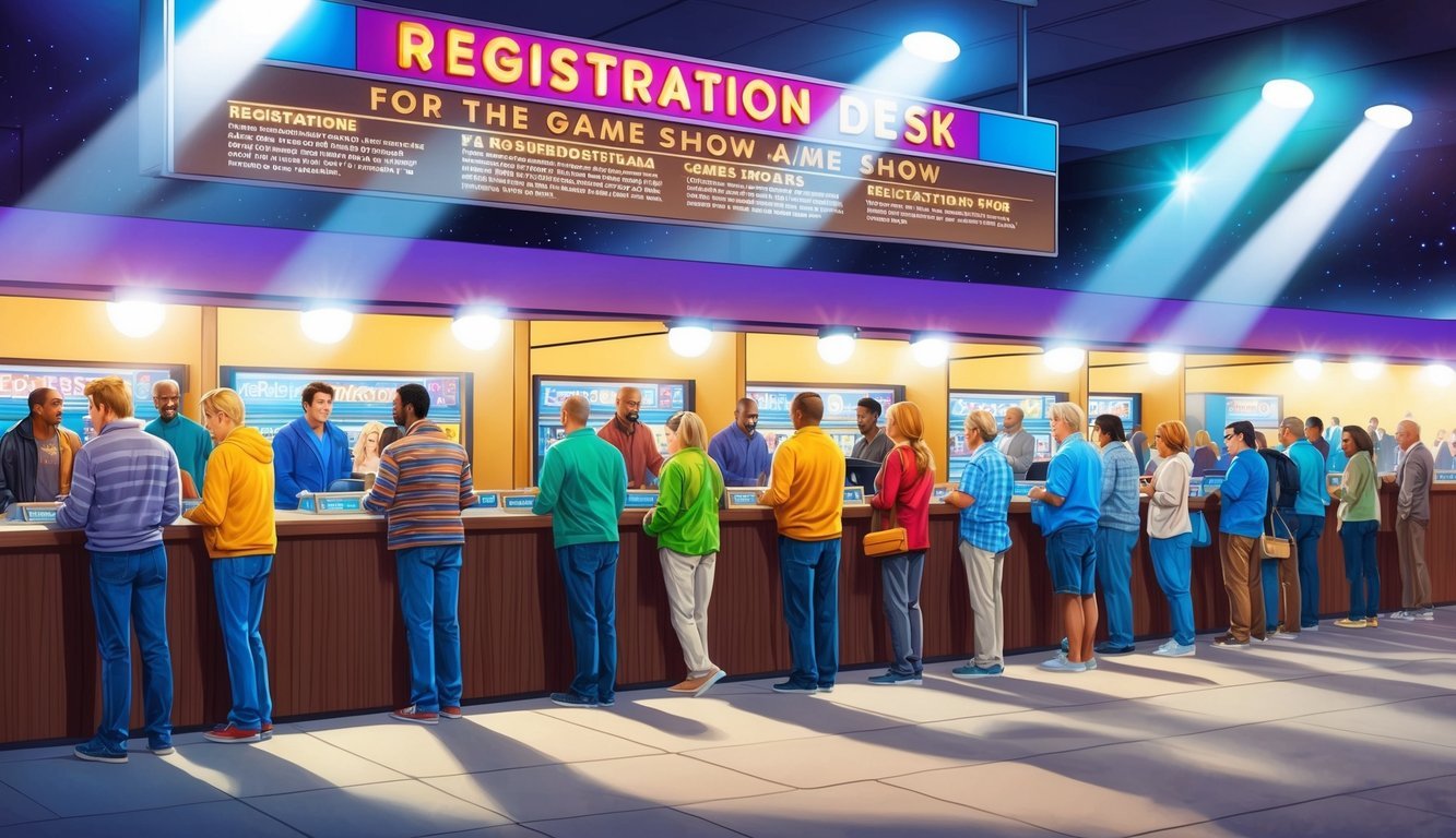 A line of people waits under bright lights at a registration desk for the game show, with a large sign above with instructions