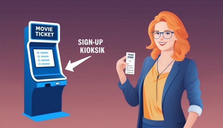 Woman holding movie ticket near a sign-up kiosk, smiling