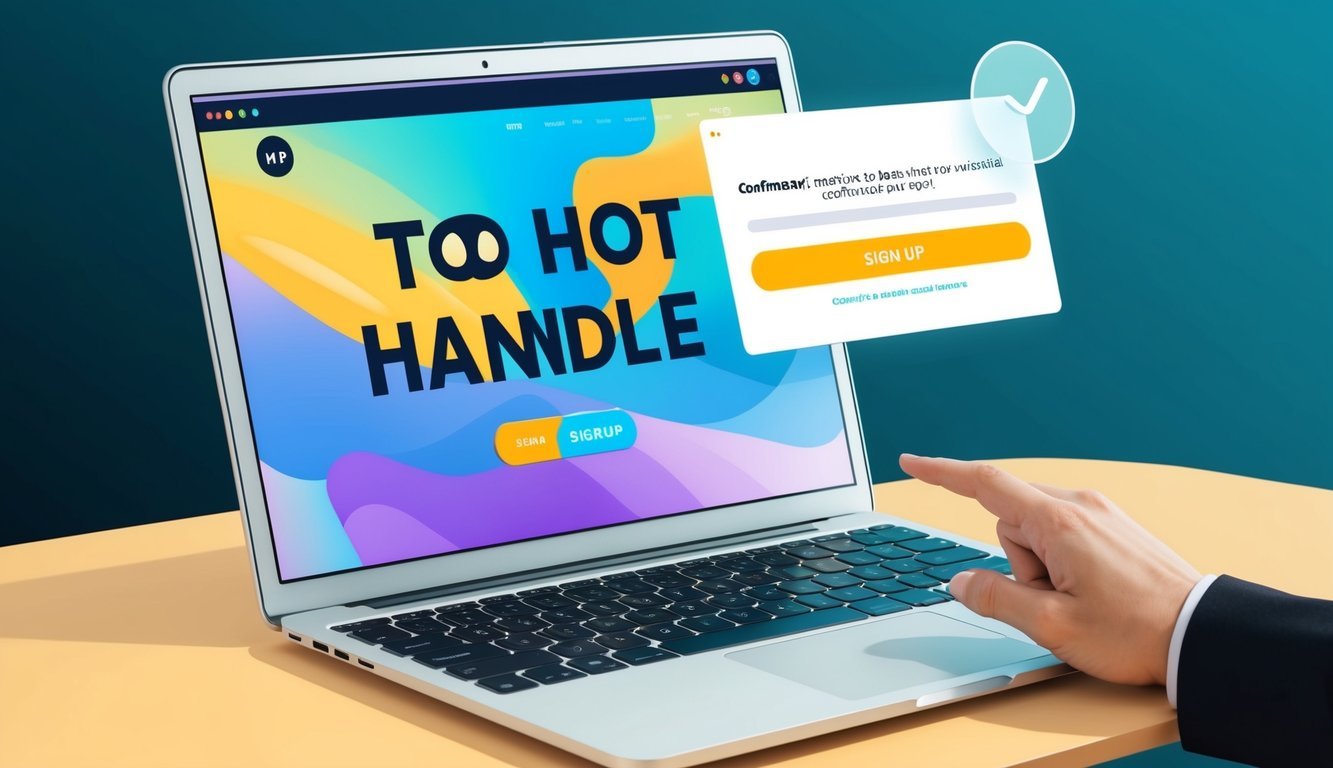 A laptop with a Too Hot to Handle website on the screen, a person clicking the "Sign Up" button, and a confirmation message popping up on the screen