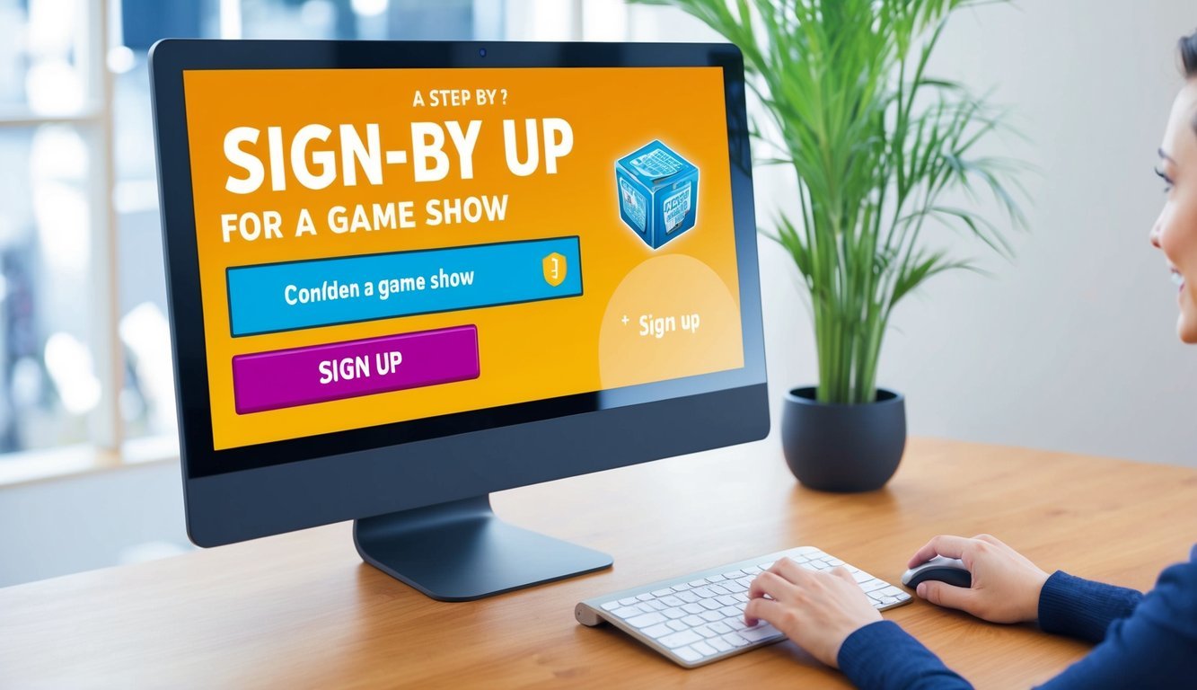 A computer screen displaying a step-by-step sign-up process for a game show, with a mouse cursor clicking on the "Sign Up" button